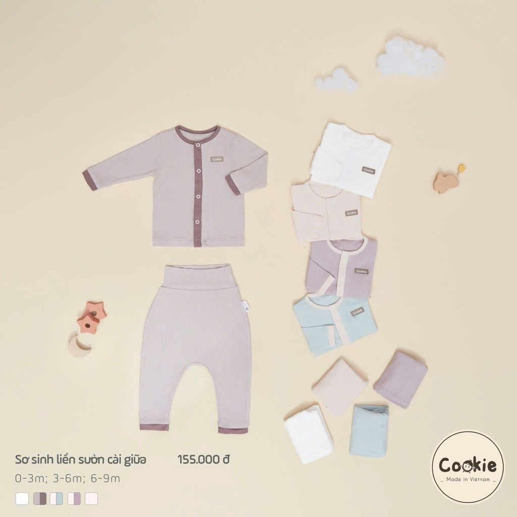 Bộ dài tay cài giữa quần cạp cao sơ sinh 0-3m Cookie