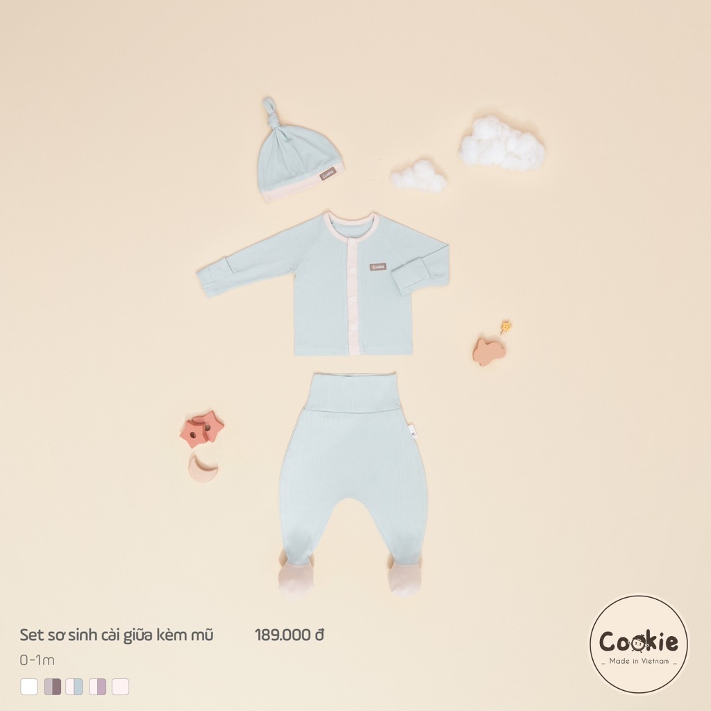 Set kèm mũ - Bộ dài tay cài giữa quần cạp cao kèm mũ sơ sinh 0-1m Cookie