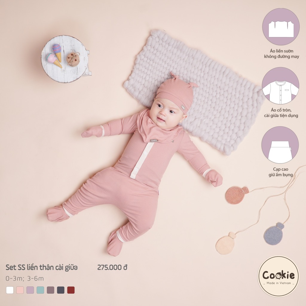Set dài tay cài giữa kèm mũ bao tay bao chân yếm, quần cạp cao, sơ sinh 0-3m Cookie