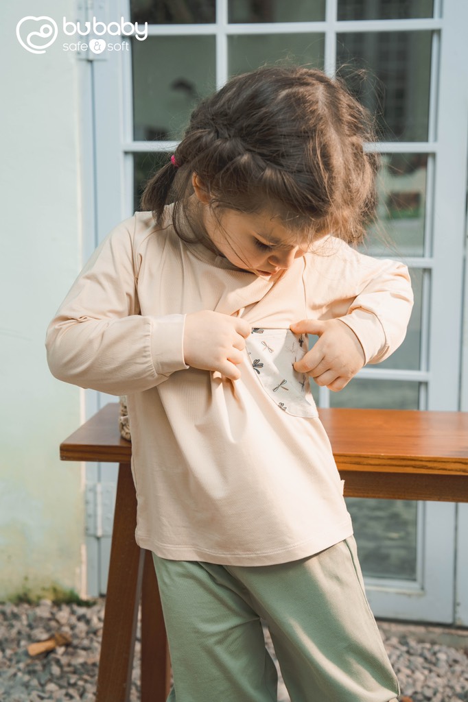 (6M-5Y) Bộ dài tay raglan cài cúc sau túi ngực Dona - Vải sợi tre cotton Bu Baby