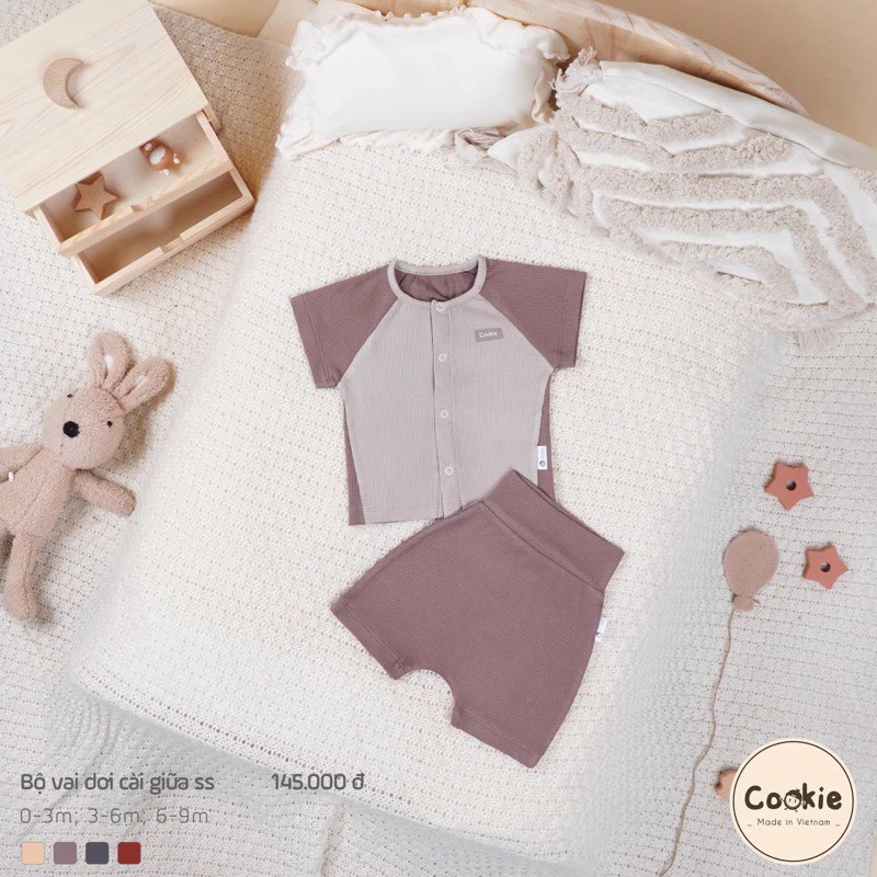 (0M-9M) Bộ cộc tay vai dời cài giữa cotton tăm lạnh Cookie