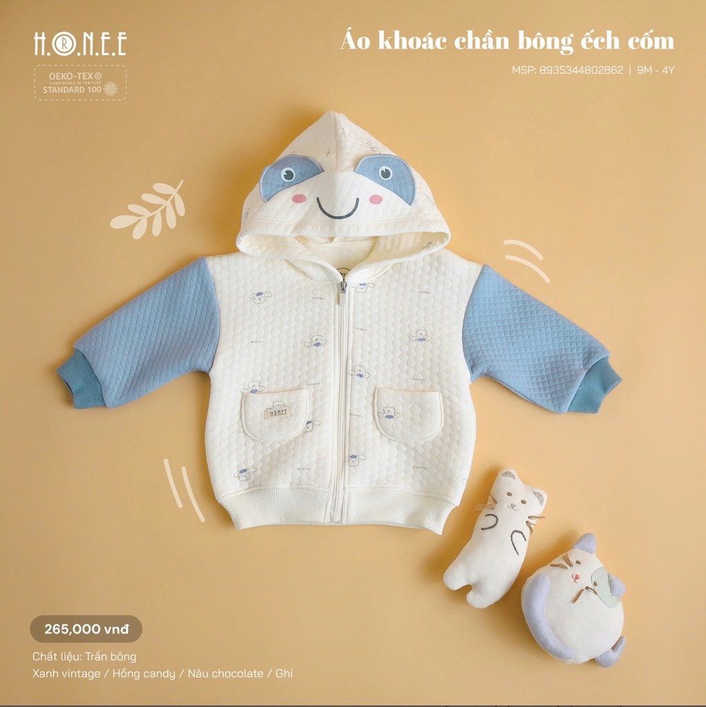 Áo khoác chần bông mũ tai gấu - Hình ếch cốm cho bé - Hrnee
