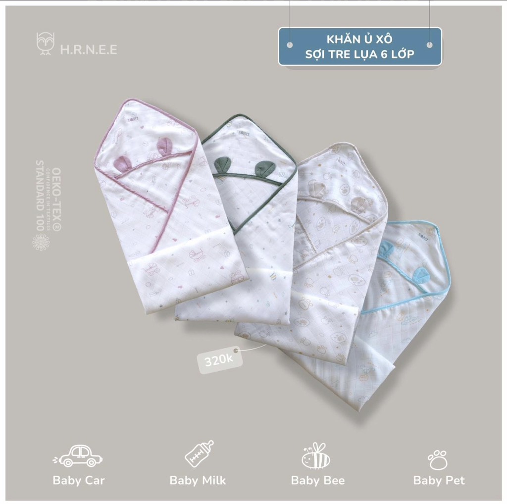 Khăn ủ xô sợi tre lụa 6 lớp có mũ cho bé 75*75cm - Hrnee