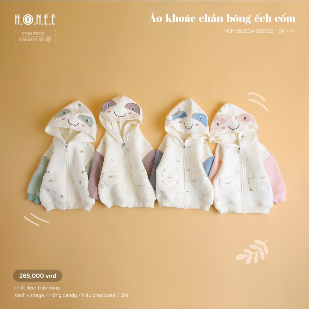 Áo khoác chần bông mũ tai gấu - Hình ếch cốm cho bé - Hrnee