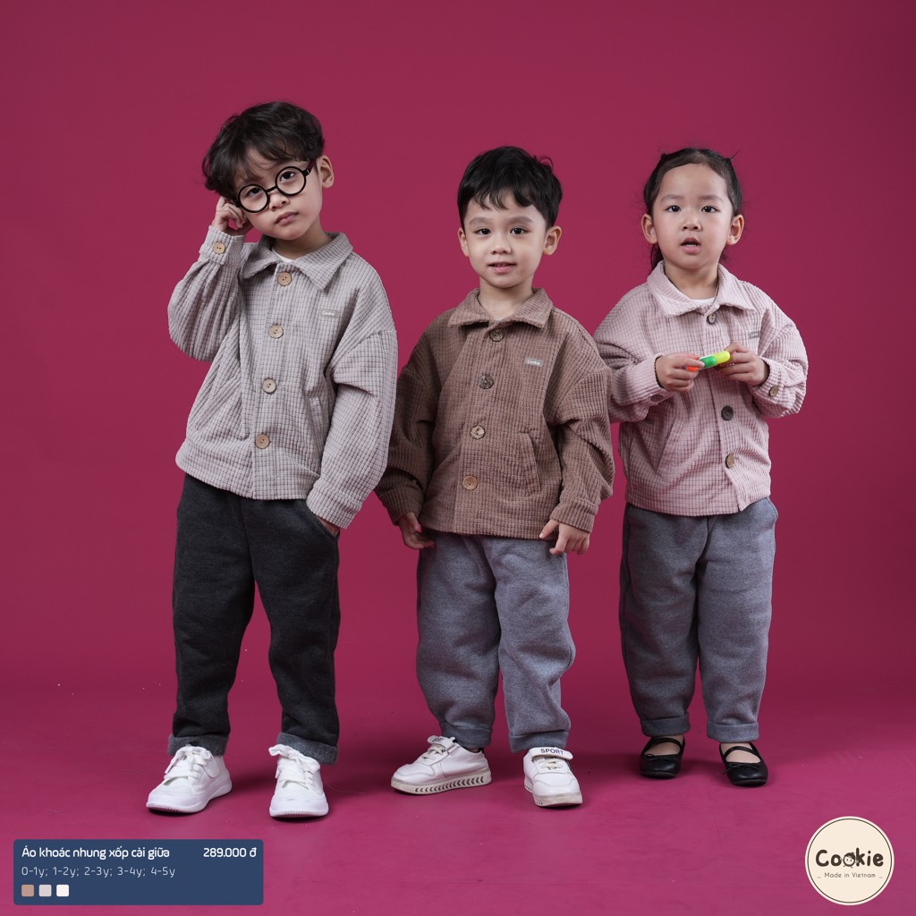 Áo khoác cài nút giữa chất nhung xốp giữ ấm cho bé hãng Cookie
