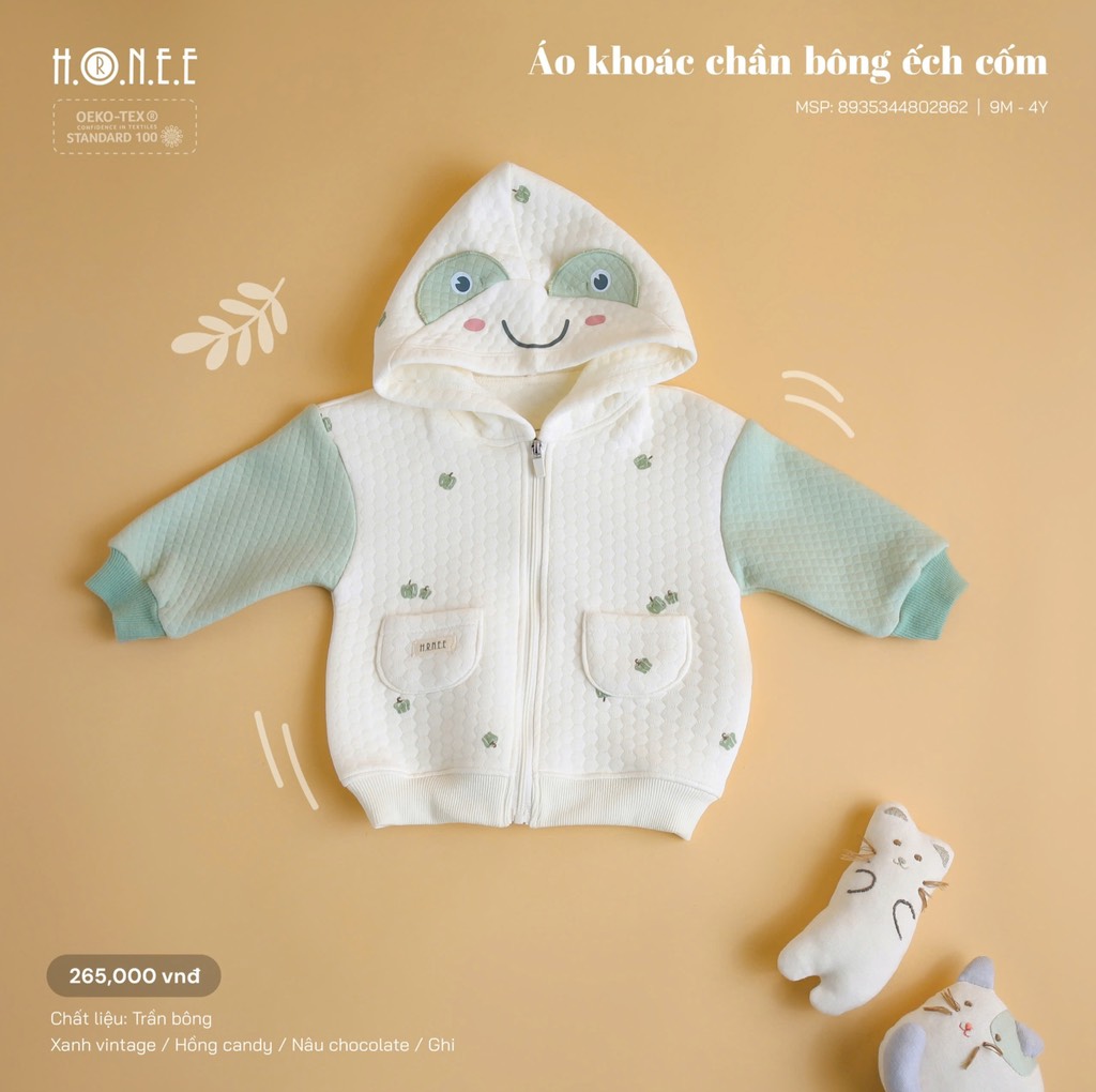 Áo khoác chần bông mũ tai gấu - Hình ếch cốm cho bé - Hrnee