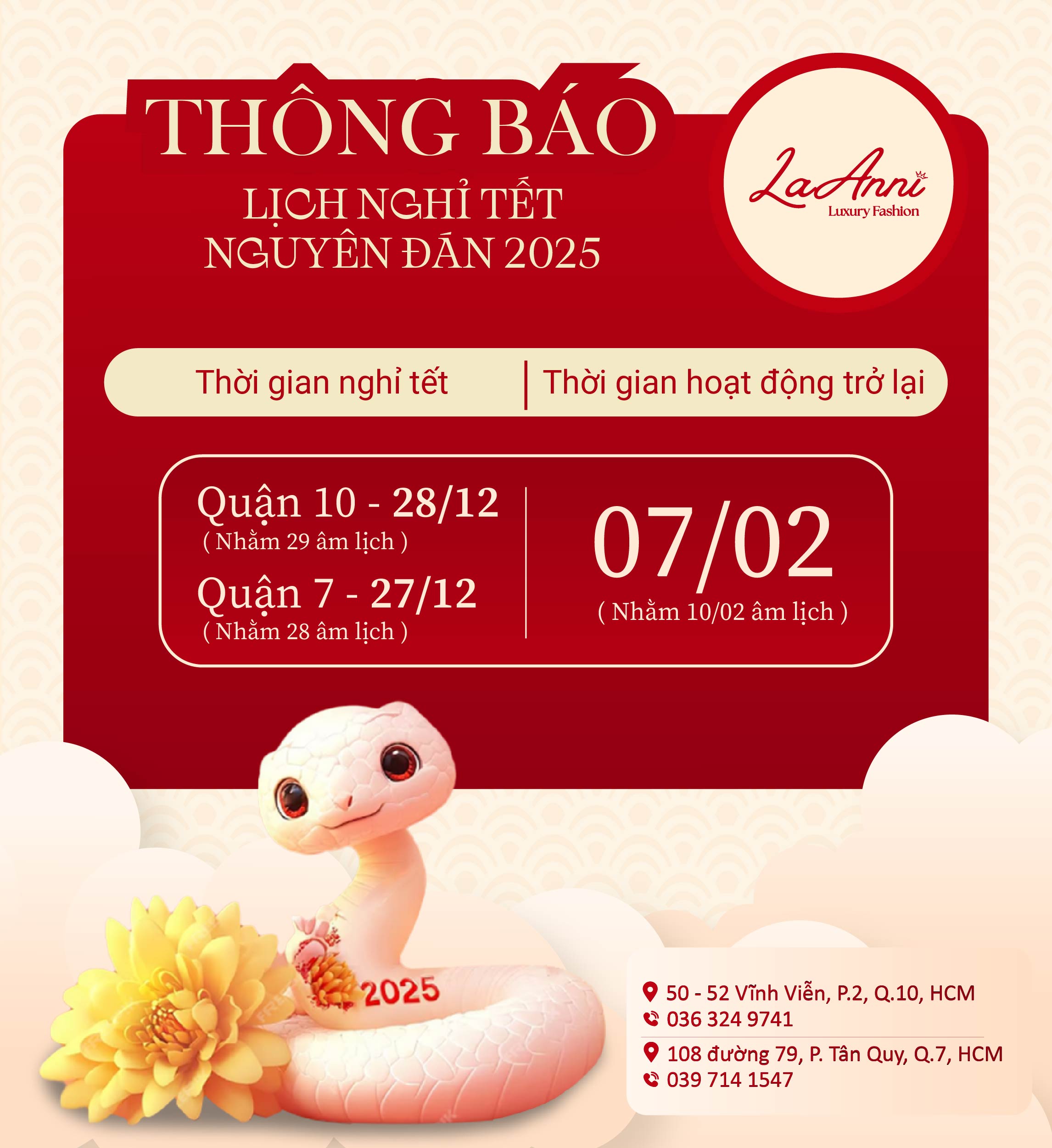 THÔNG BÁO LỊCH NGHỈ TẾT NGUYÊN ĐÁN ẤT TỴ 2025 VÀ THỜI GIAN HOẠT ĐỘNG TRỞ LẠI