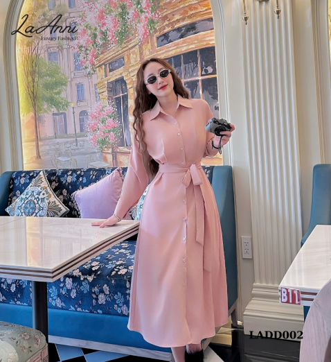 Đầm sơ mi lụa ý dáng dài thắt belt LADD002 duyên dáng