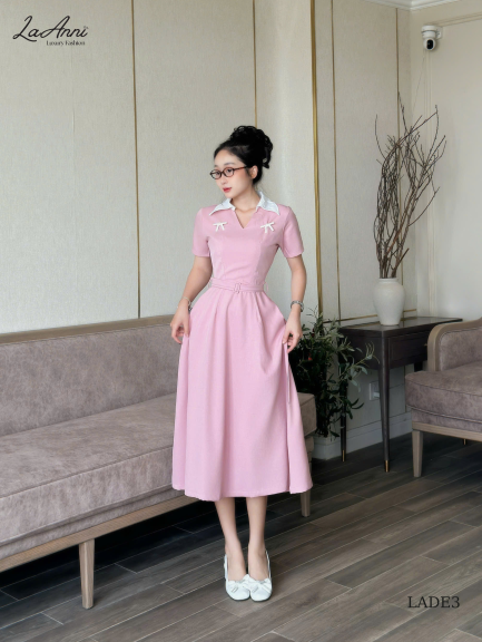 Đầm midi cổ V 2 nơ đá LADE3