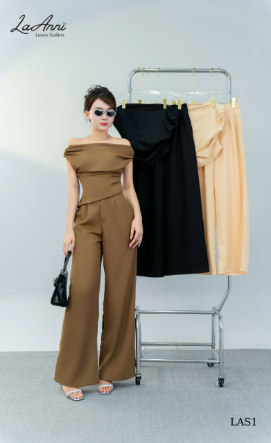 Set áo trễ vai vạt xéo, quần suông dài