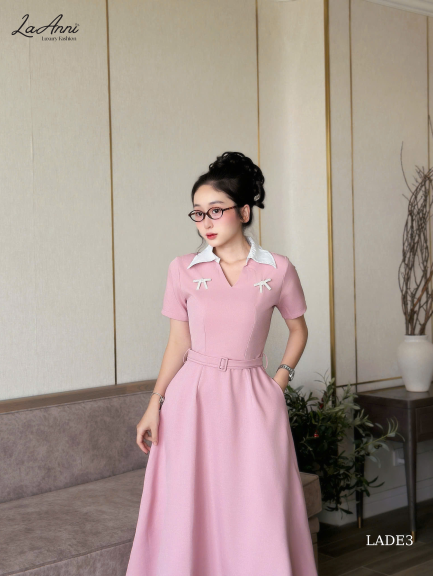 Đầm midi cổ V 2 nơ đá LADE3