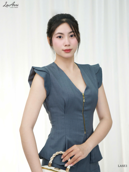 Set áo cổ tim dây kéo quần suông LASE3