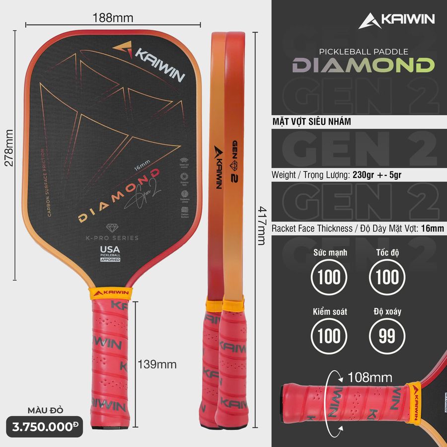Vợt Pickleball Kaiwin Diamond Gen2 16mm