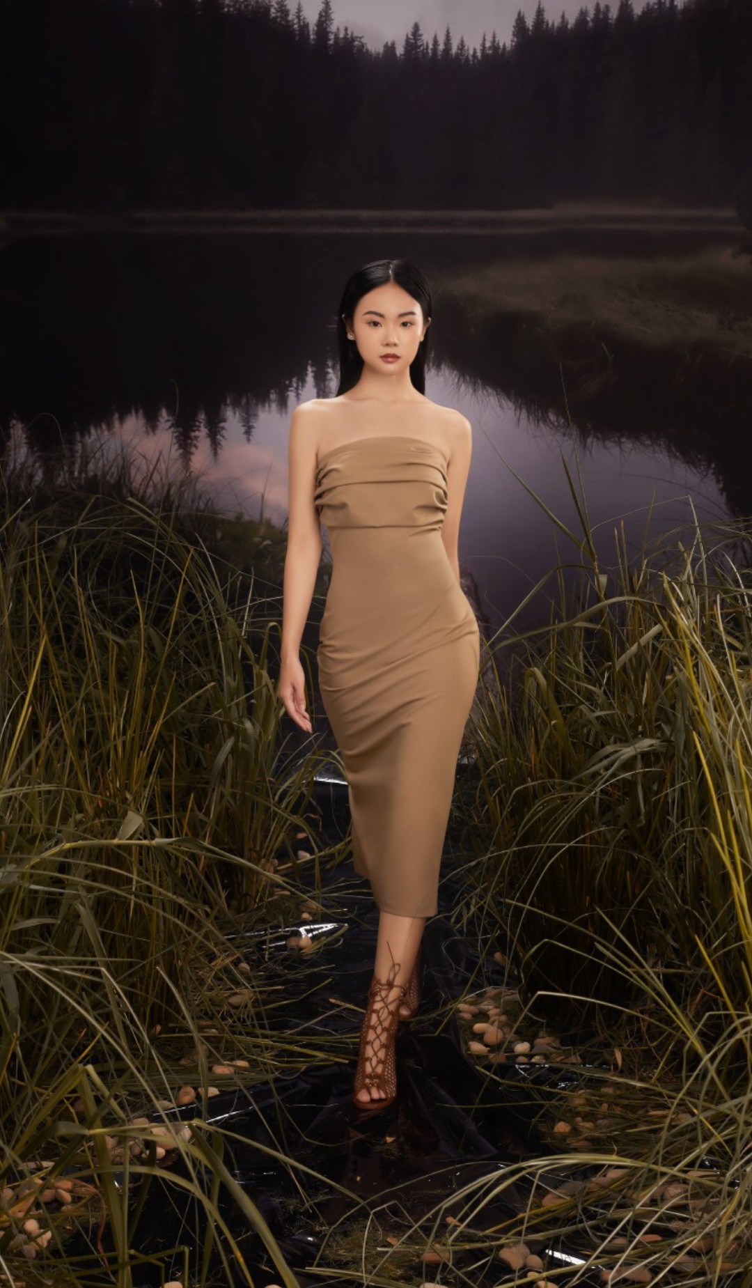 brown scrunch dress Ginevra Ruched Halter Maxi Dress