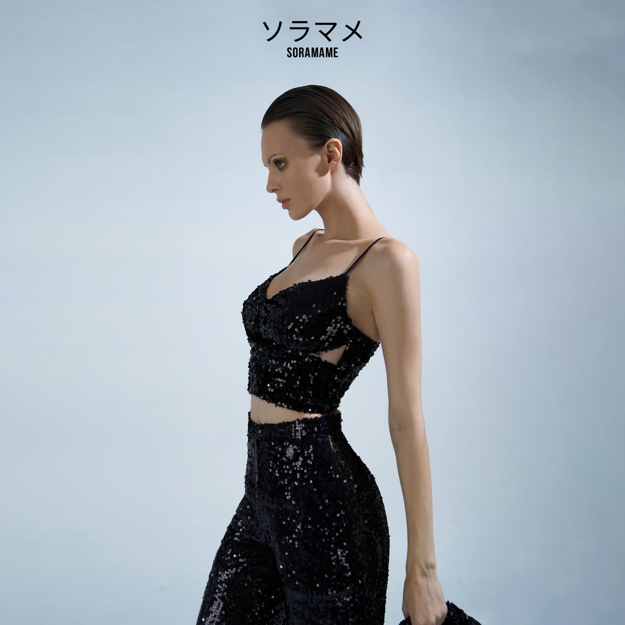 SEQUIN TUXEDO CUT- OUT STRAP SHIRT