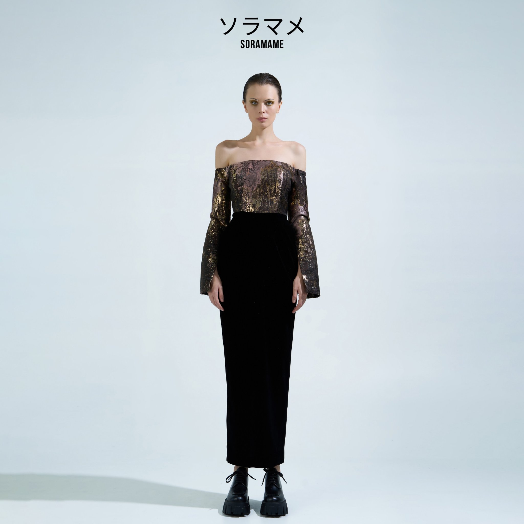 OFF - SHOULDER BROCADE EVENING DRESS
