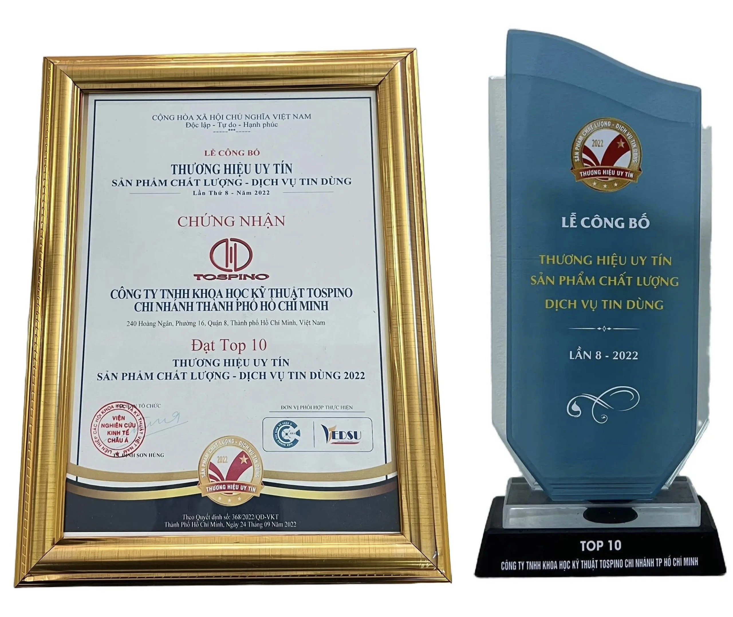 Giấy chứng nhận Top 10 Thương hiệu uy tín sản phẩm chất lượng - dịch vụ tin dùng 2022