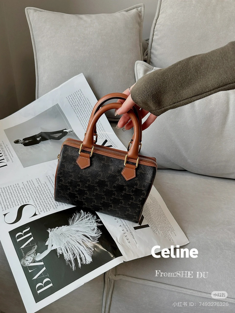 Túi Celine Small Boston In Triomphe Canvas And Calfskin