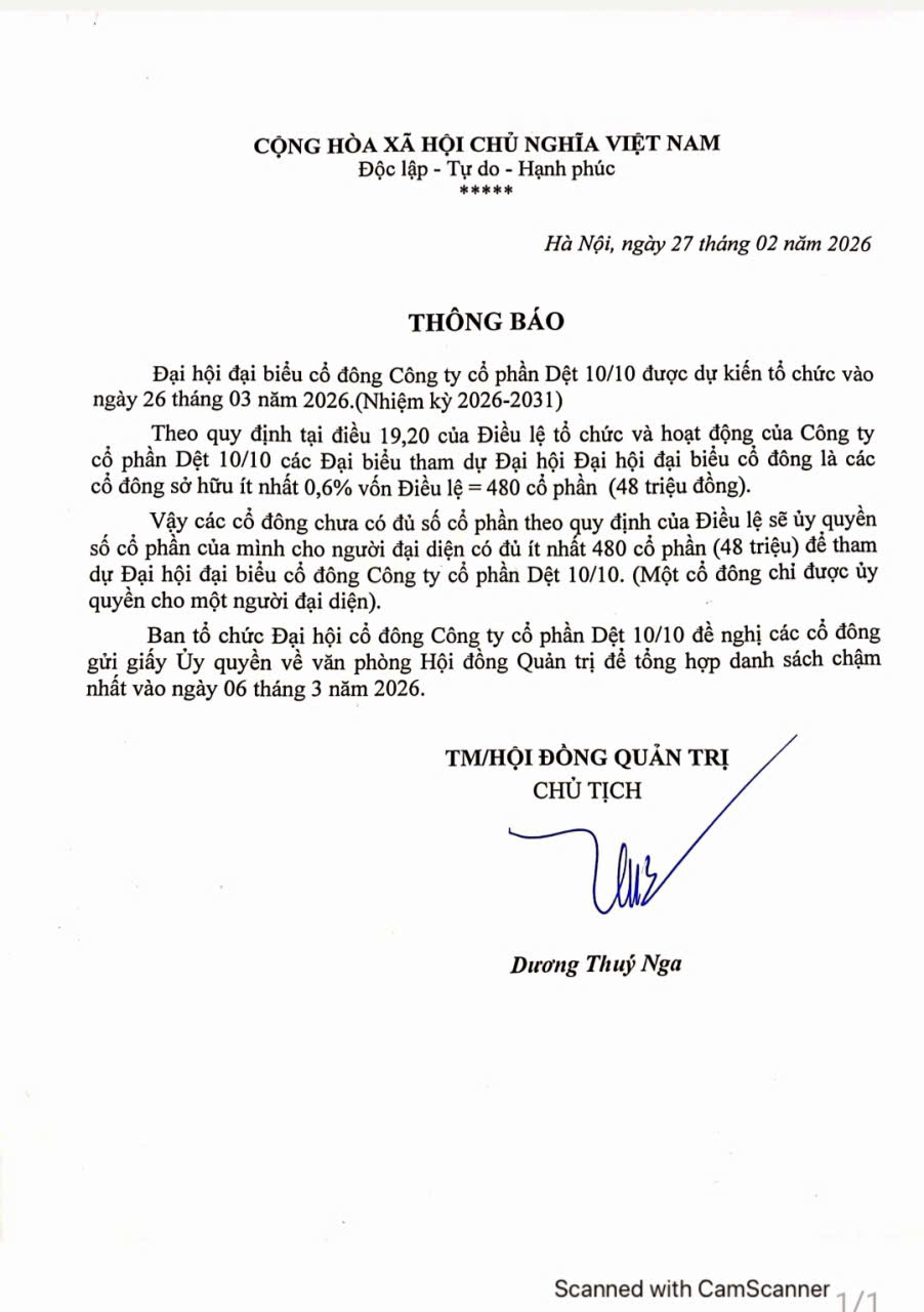Thông Báo Đại Hội Đại Biểu Cổ Đông Công Ty Cổ Phần Dệt 10/10