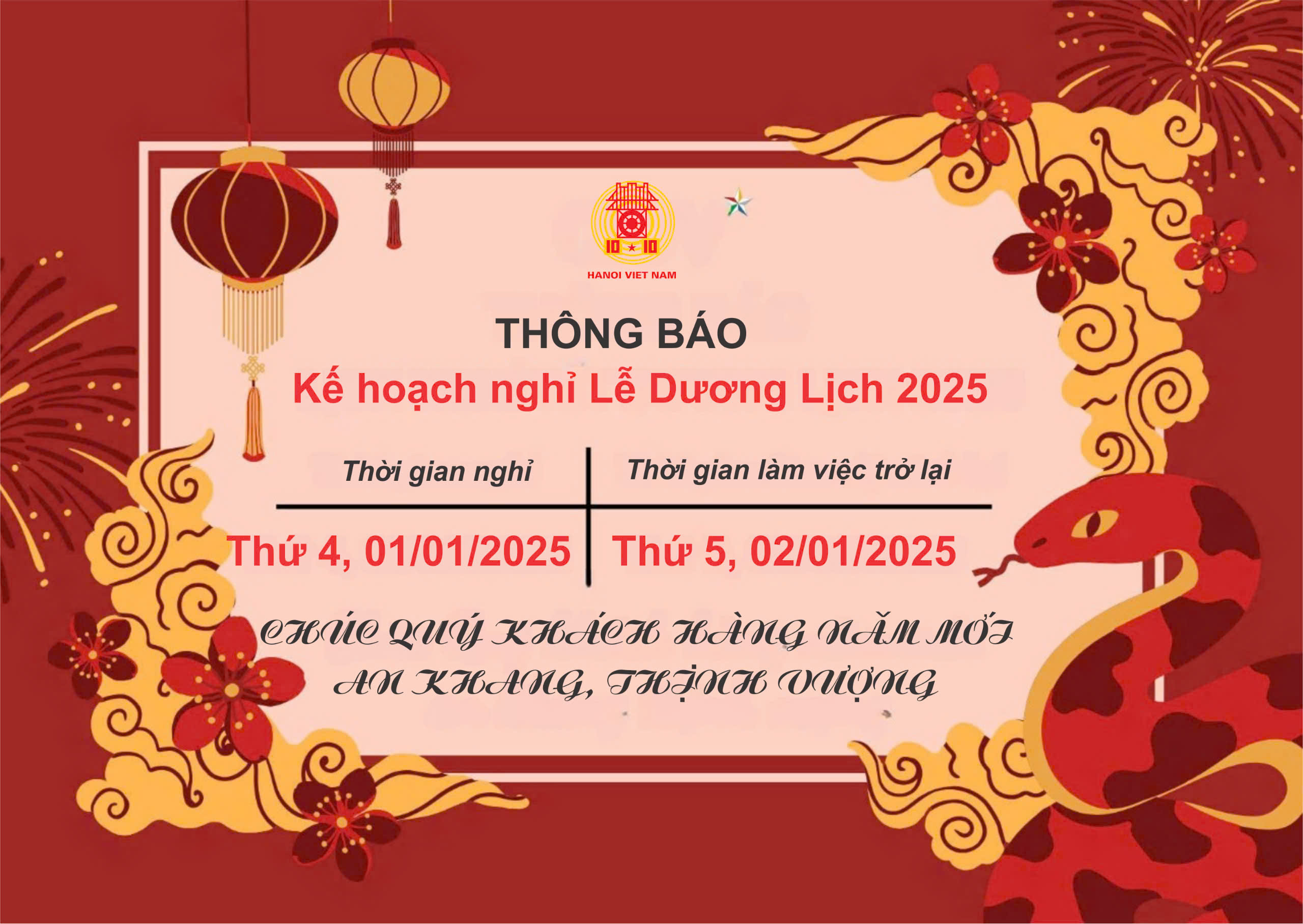 Công ty cổ phần Dệt 10/10 thông báo nghỉ lễ dương lịch