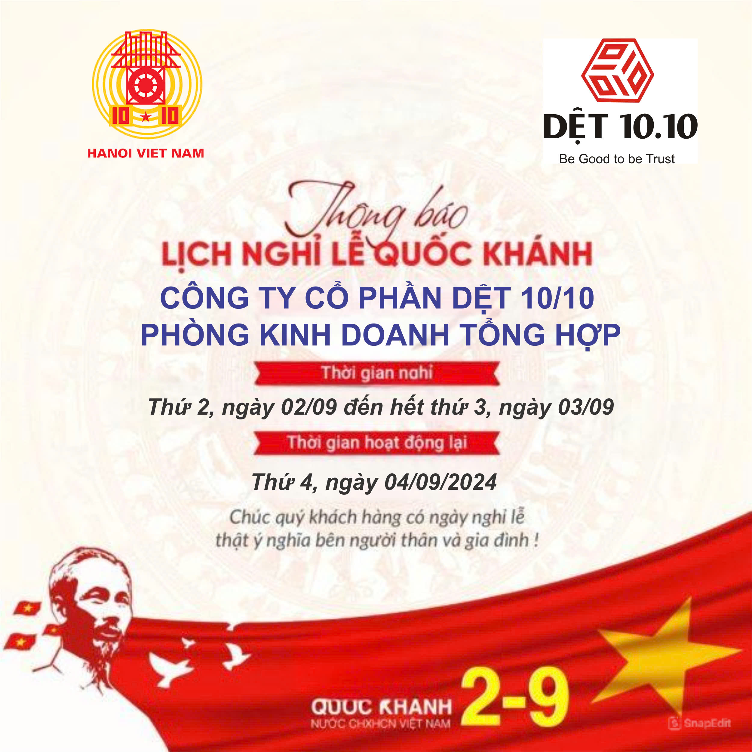 Công ty cp Dệt 10/10 thông báo nghỉ lễ 2/9