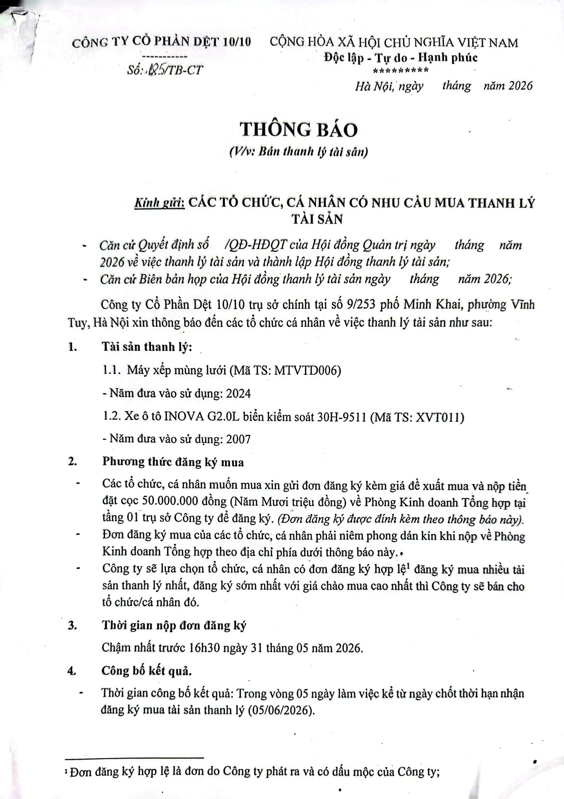 Công Ty Cổ Phần Dệt 10/10 Thông Báo Bán Thanh Lý Tài Sản