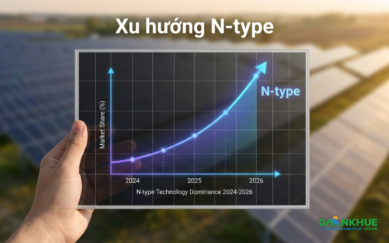 Biểu đồ xu hướng thị trường công nghệ pin mặt trời N-type vượt trội năm 2026