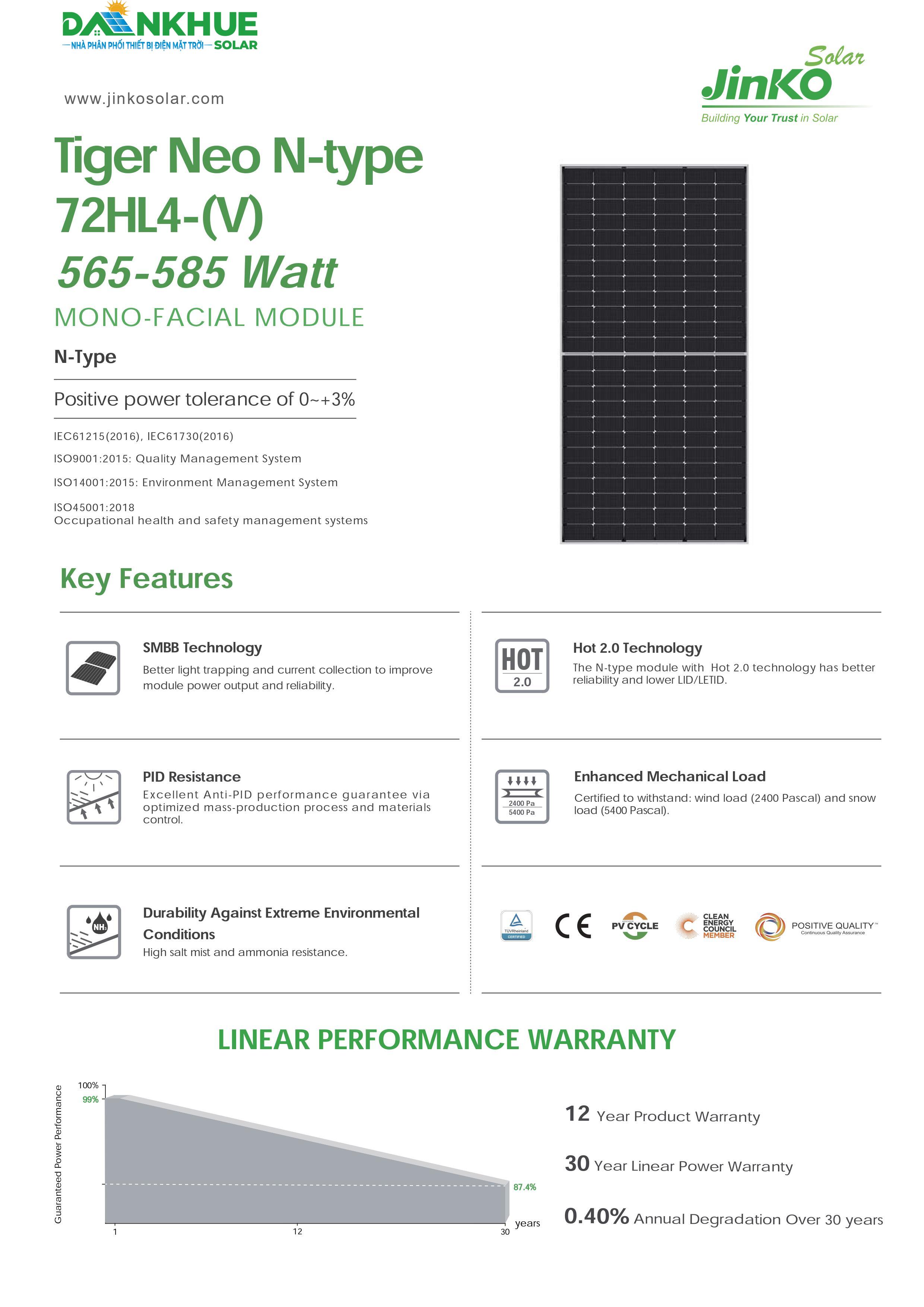 datasheet đặc điểm tấm pin Jinko Tiger Neo N-type 72HL4-(V) 565-585W