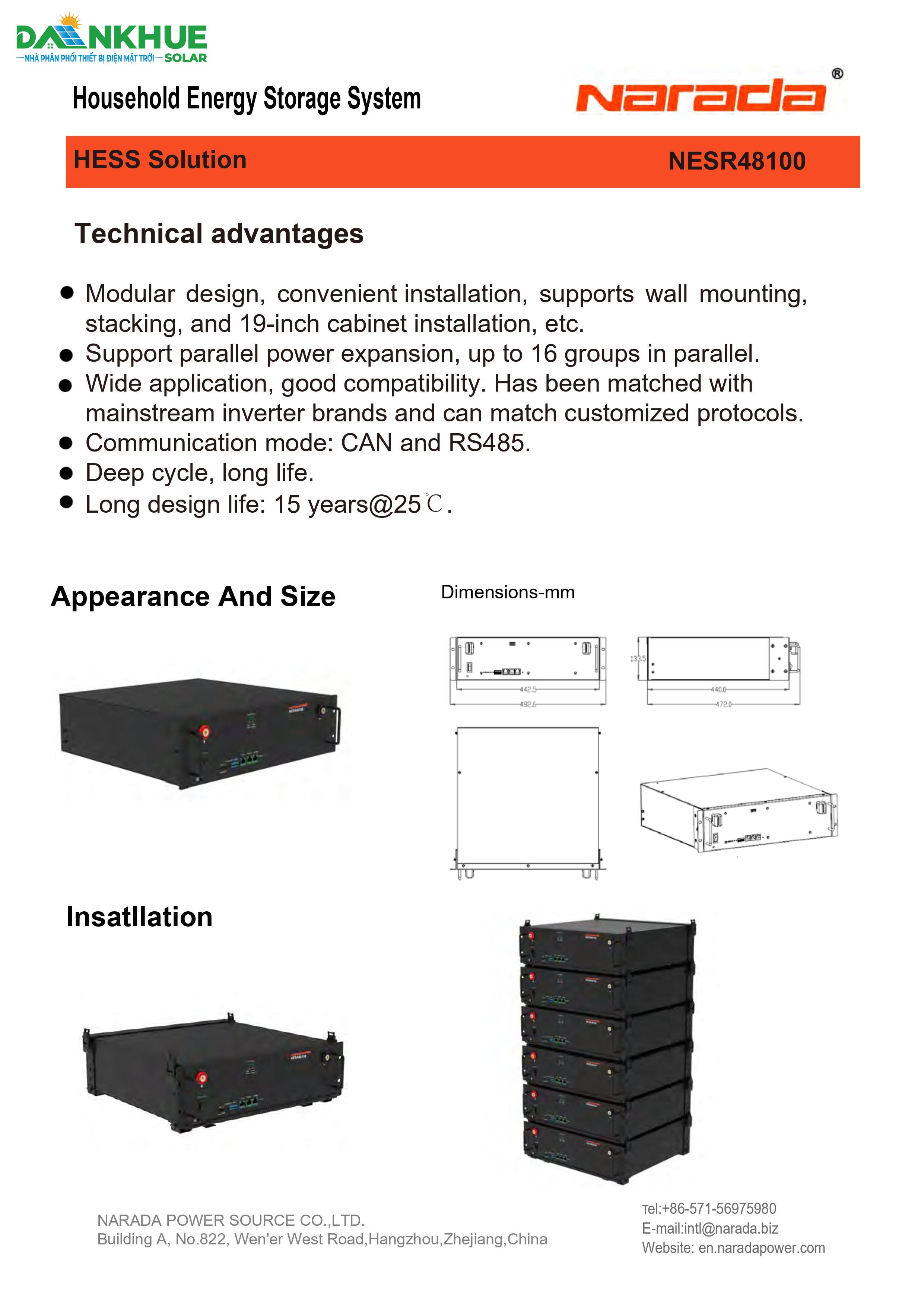 Datasheet pin lưu trữ lithium Narada NESR48100XA