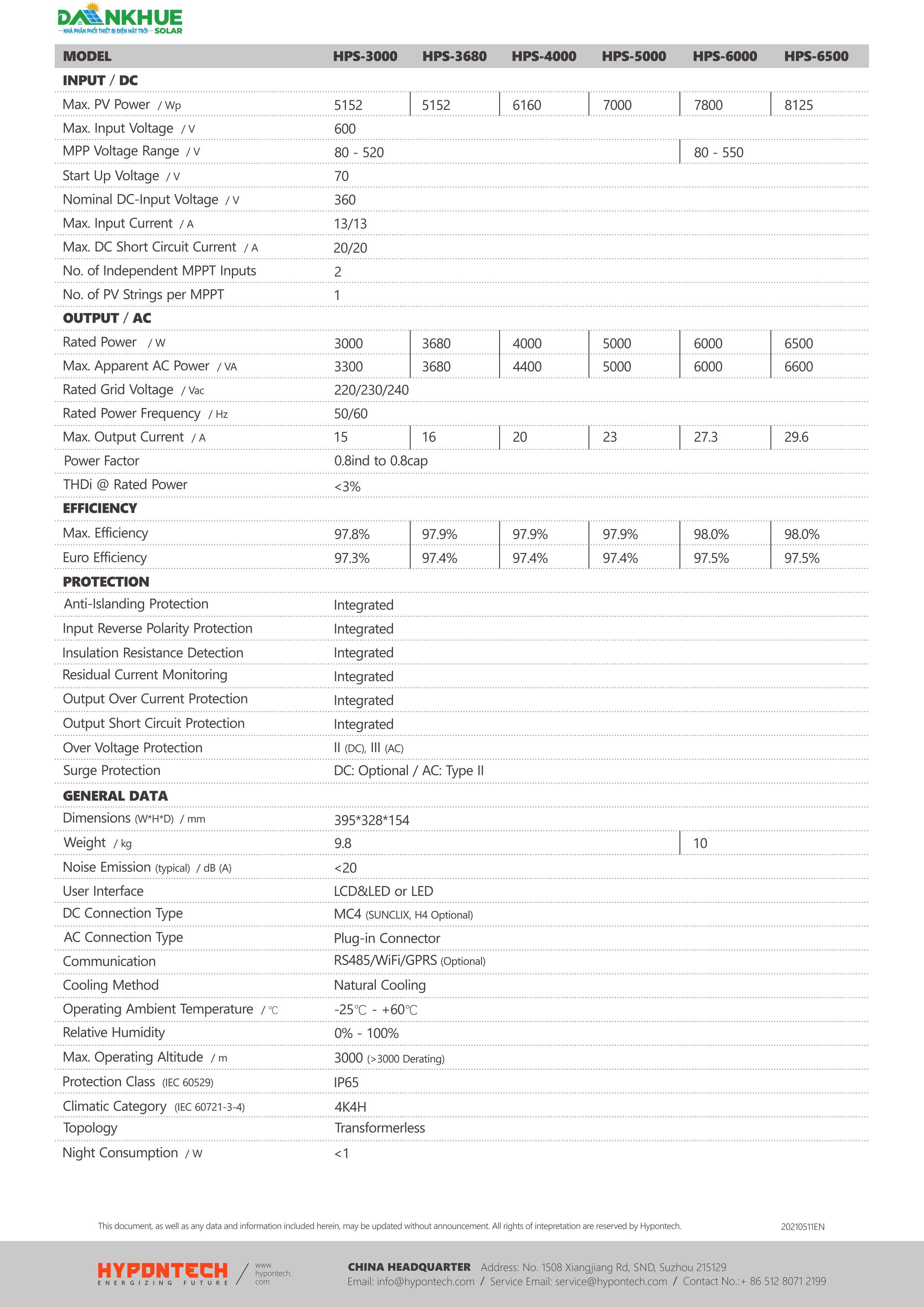 datasheet thông số kỹ thuật inverter hòa lưới Hypontech HPS-3-6.5k