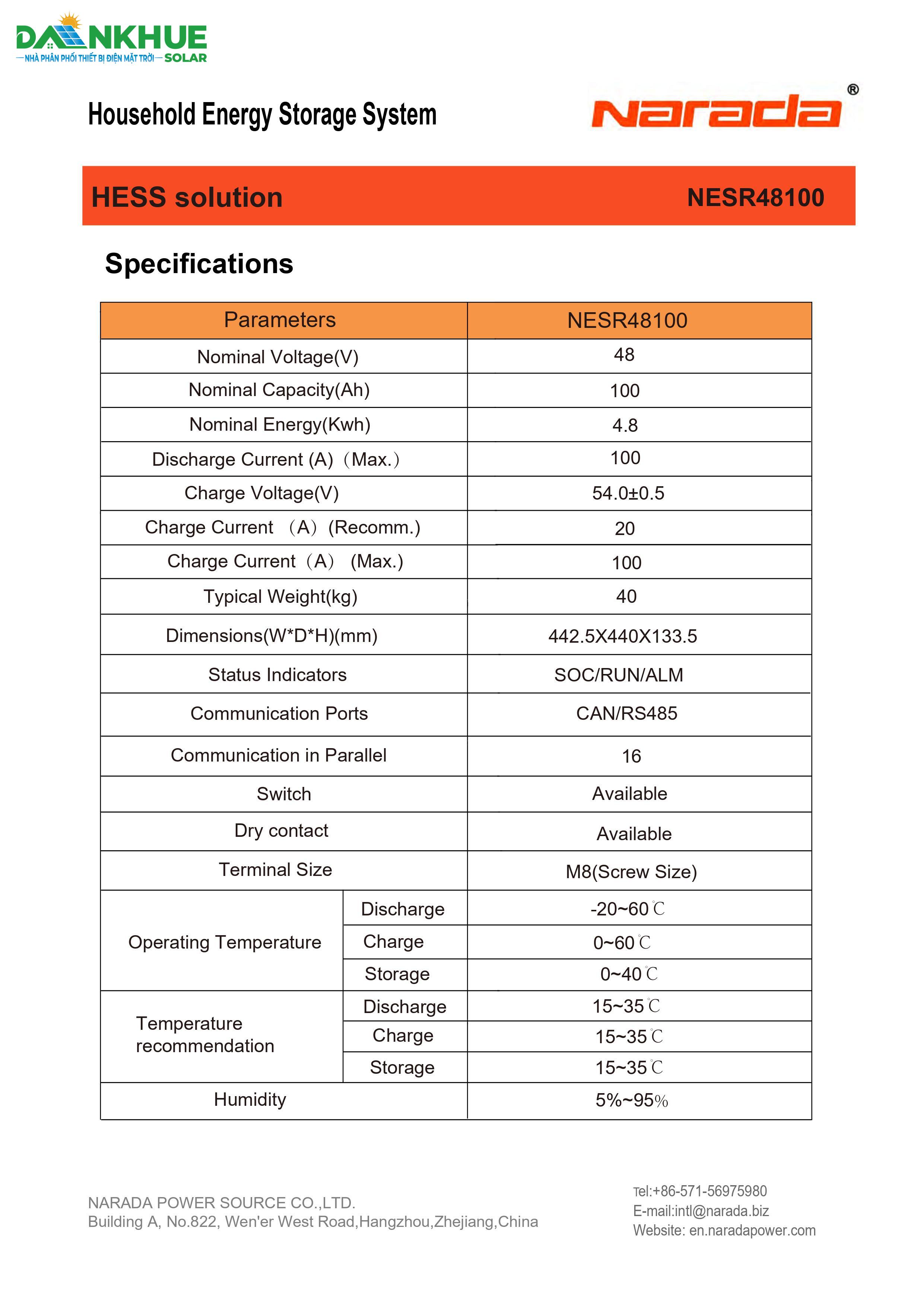 Datasheet thông số kỹ thuật pin lưu trữ lithium Narada NESR48100XA