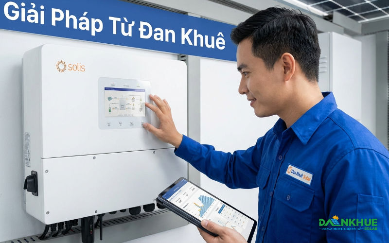 Kỹ thuật viên Đan Khuê Solar kiểm tra hệ thống điện mặt trời hybrid áp cao chuyên nghiệp.