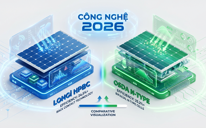 So sánh cấu trúc công nghệ pin LONGi HPBC 2.0 và OSDA N-Type TOPCon mới nhất 2026
