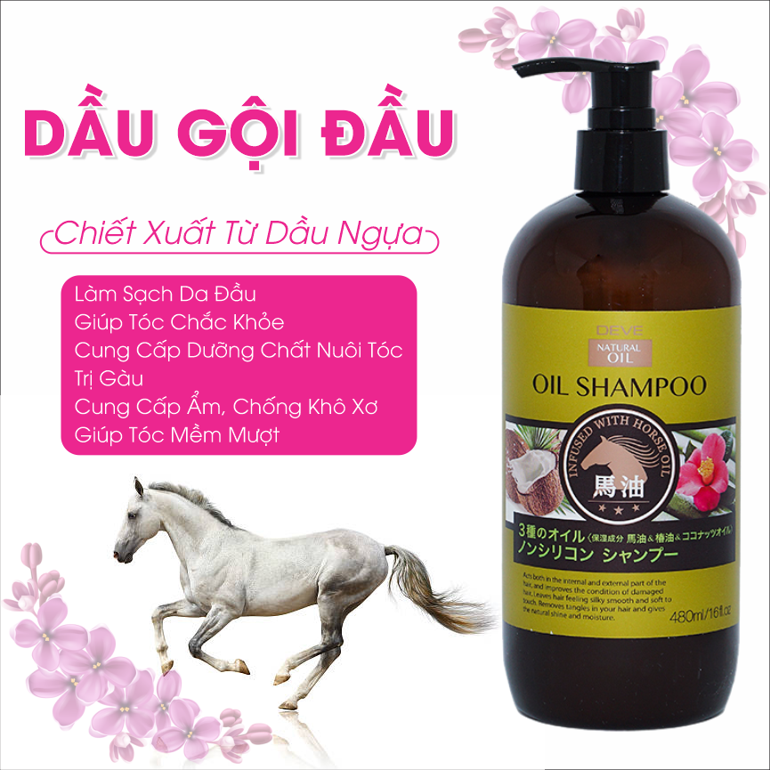 Dầu Gội Chiết Xuất Dầu Ngựa, Dầu Dừa & Dầu Hoa Trà Deve (Chai 480Ml)
