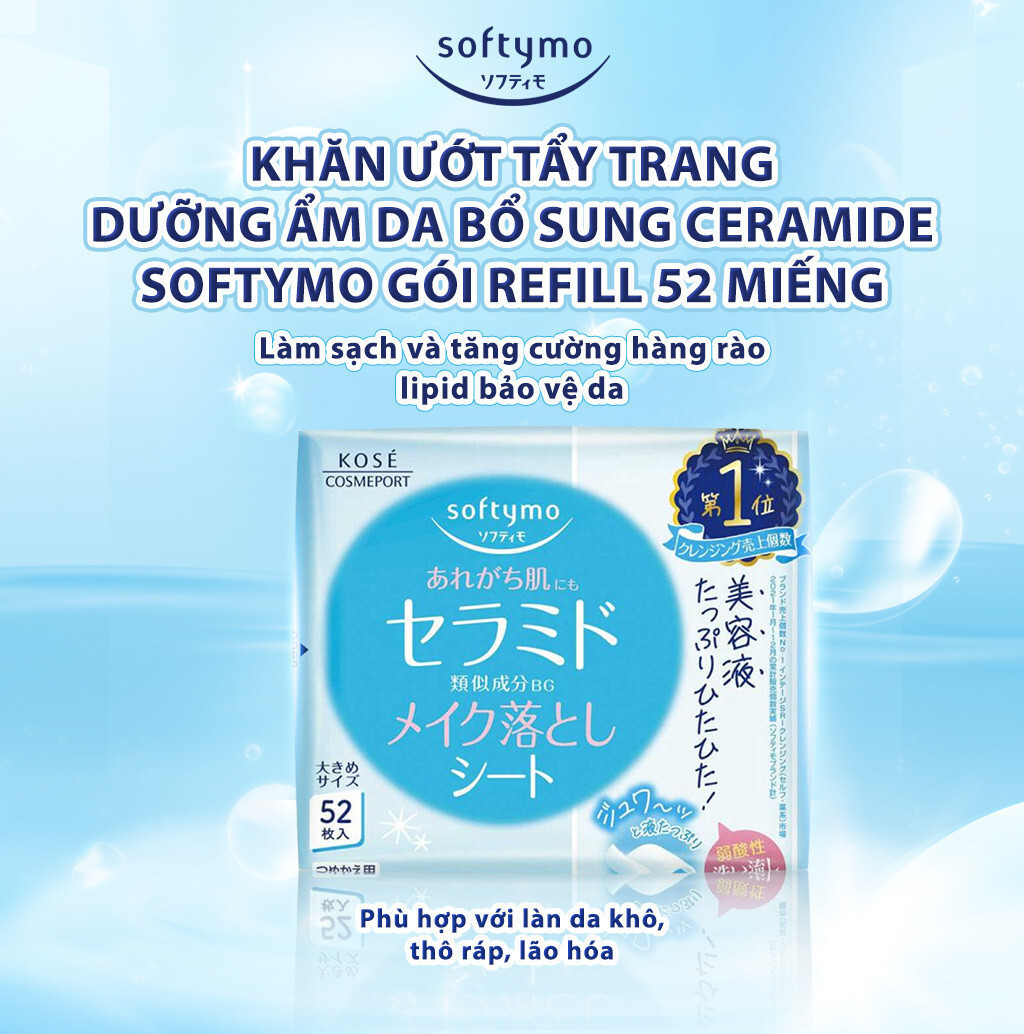 KHĂN ƯỚT TẨY TRANG DƯỠNG ẨM DA BỔ SUNG CERAMIDE SOFTYMO GÓI REFILL 52 MIẾNG