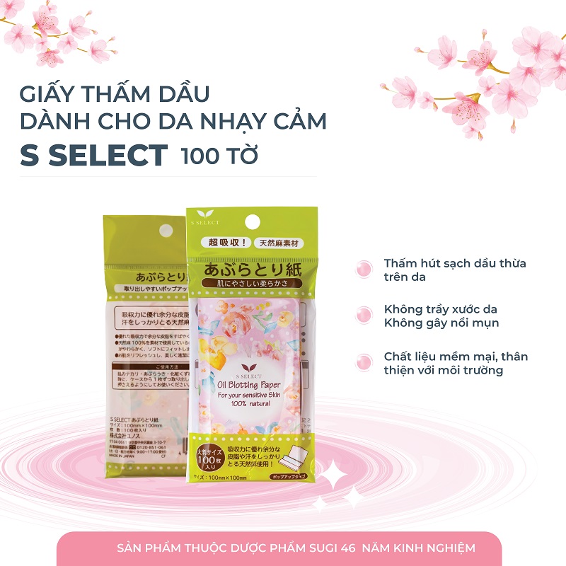 Giấy Thấm Dầu S Select 100% Từ Nguyên Liệu Tự Nhiên Nội Địa Nhật(100 Tờ/Gói)