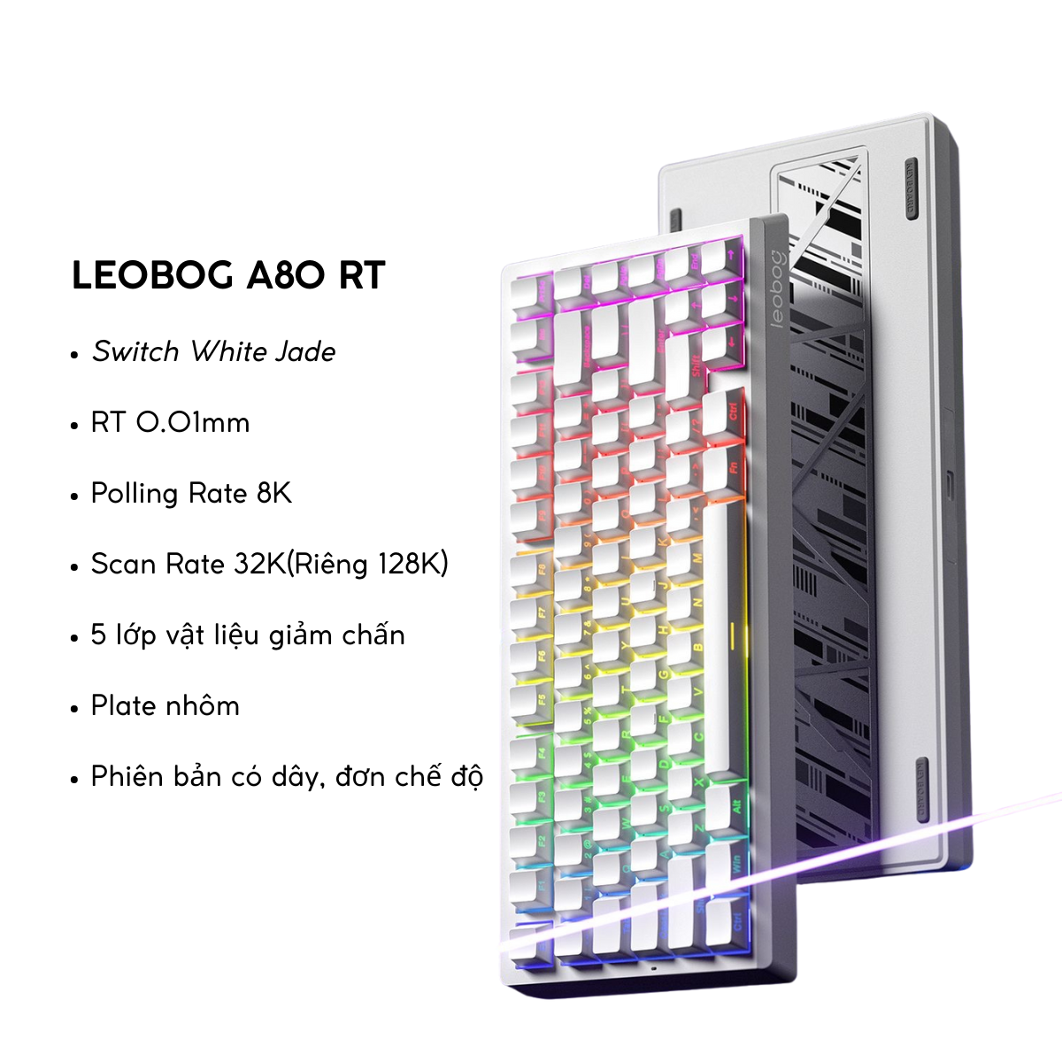 Bàn Phím Gaming HE Leobog A80RT, Pin 8000mAh, RT 0.01mm, Polling Rate 8K, Scan Rate 32K, RGB 16triệu màu