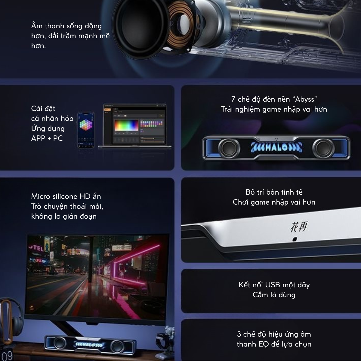 Halo Soundbar – Loa Gaming Desktop Đỉnh Cao với Âm Thanh Sống Động và Hiệu Ứng RGB