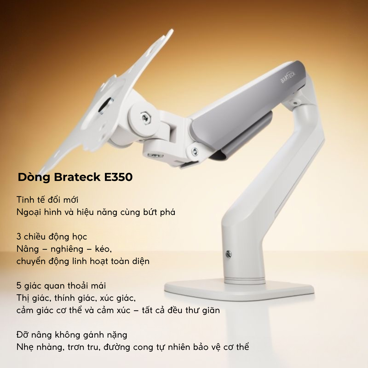 Arm Màn Hình Máy Tính Brateck E350 – Hỗ Trợ Màn 17”-32”, Tải Trọng 9Kg, Xoay Gập Linh Hoạt Chuẩn Công Thái Học