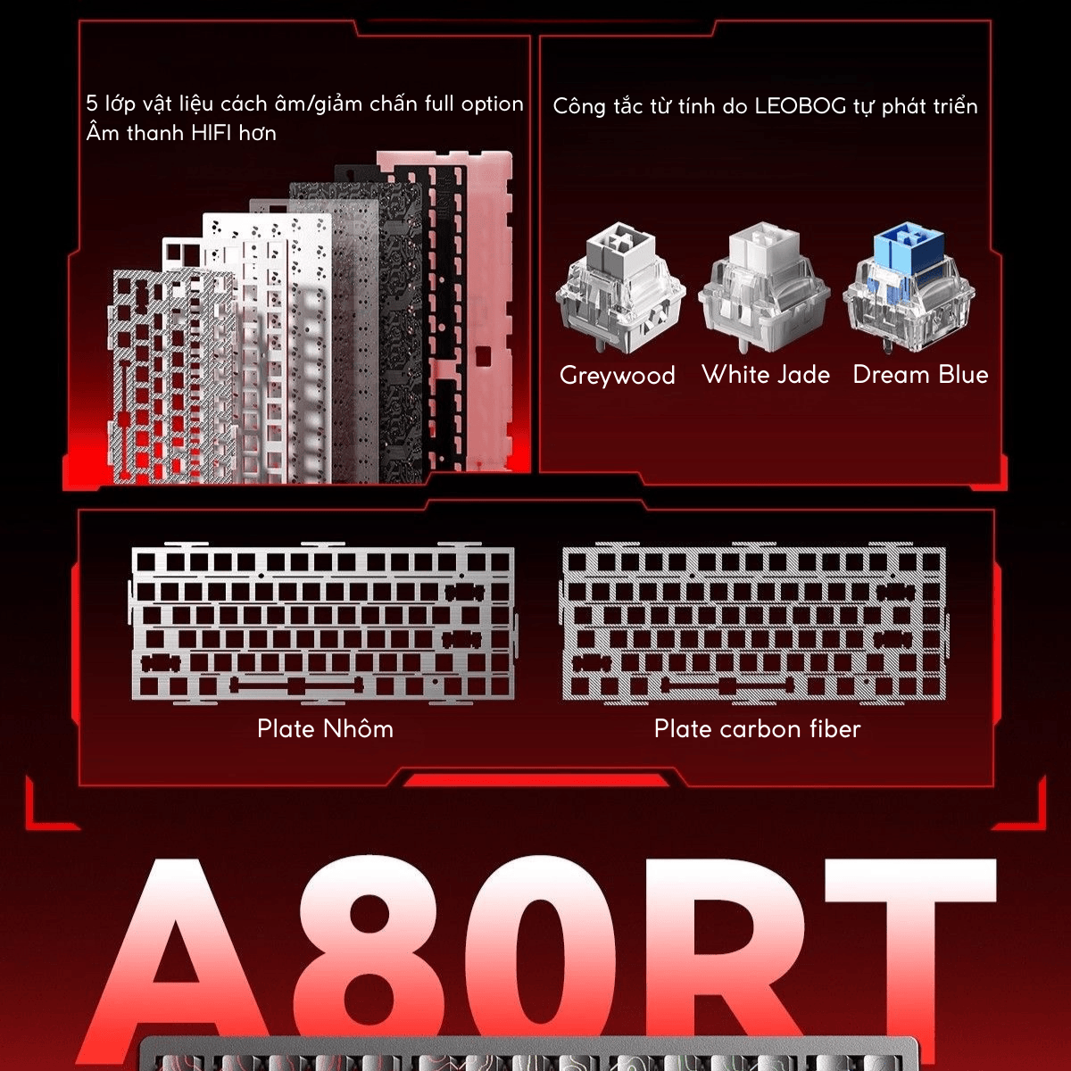 Bàn Phím Gaming HE Leobog A80RT, Pin 8000mAh, RT 0.01mm, Polling Rate 8K, Scan Rate 32K, RGB 16triệu màu