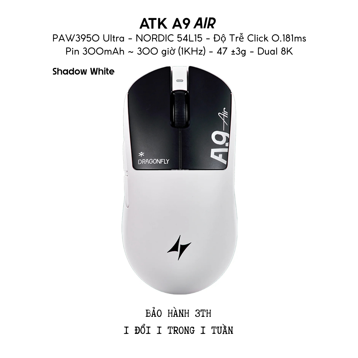Chuột Gaming ATK A9 Ultramax - Ultimate – Chuột Không Dây Nhẹ 53g, Cảm Biến PAW3950 Ultra, Polling Rate 8000Hz - Hiệu Suất Đỉnh Cao Cho Game Thủ