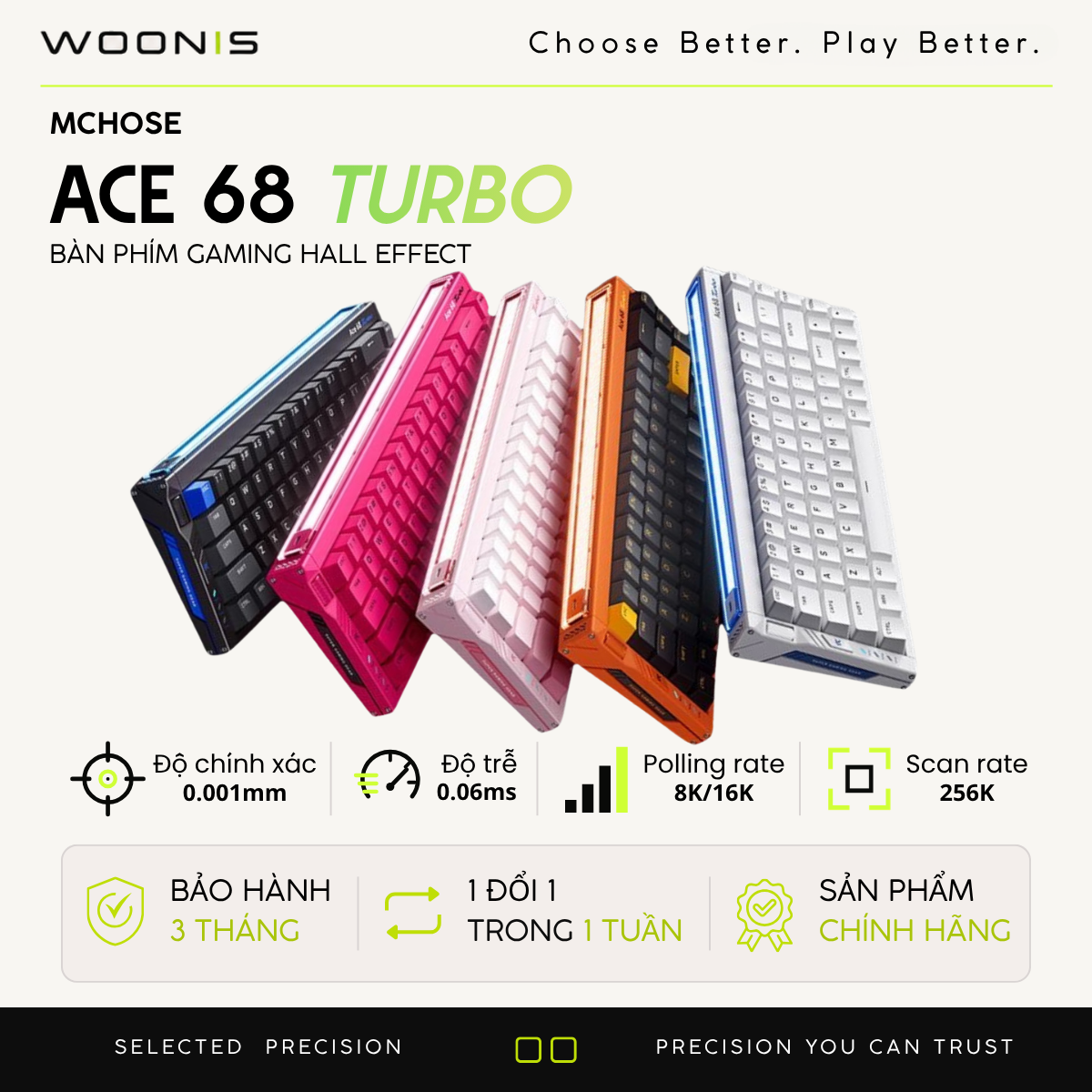 BÀN PHÍM GAMING HE MCHOSE ACE 68 TURBO, Polling Rate 16K, Độ Chính Xác 0.001mm, Scan Rate 256K, Độ Trễ 0.06ms, RGB 16.8 triệu màu, Hỗ Trợ Music Rhythm 2.0