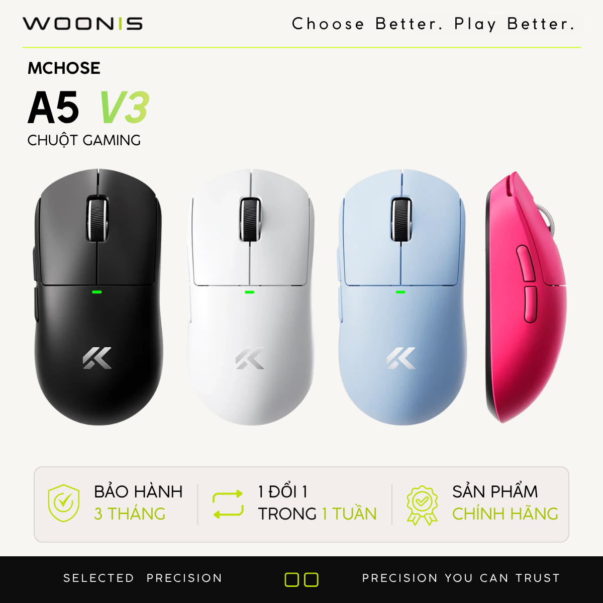 Chuột Gaming Không Dây MCHOSE A5 V3, PAW3395, MCU Realtek, Lớp Phủ Super Glide, Dual 8K