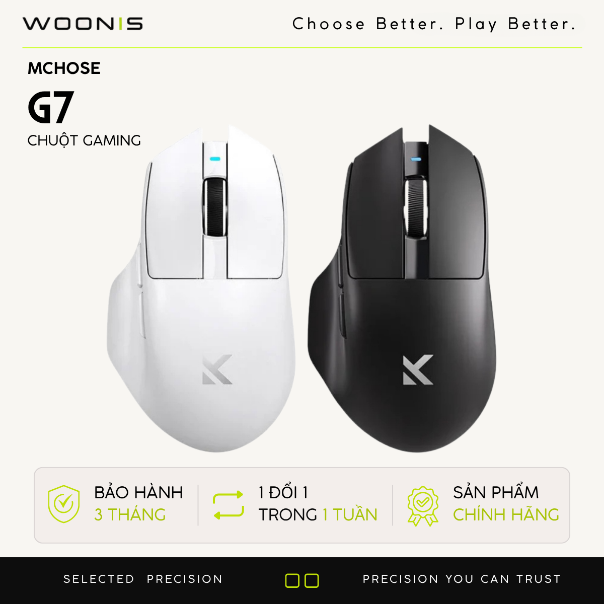 Chuột Không Dây Công Thái Học MCHOSE G7 – Văn Phòng & Gaming, Cảm Biến PAW3395, 1K Polling Rate , Pin Trâu 800mAh