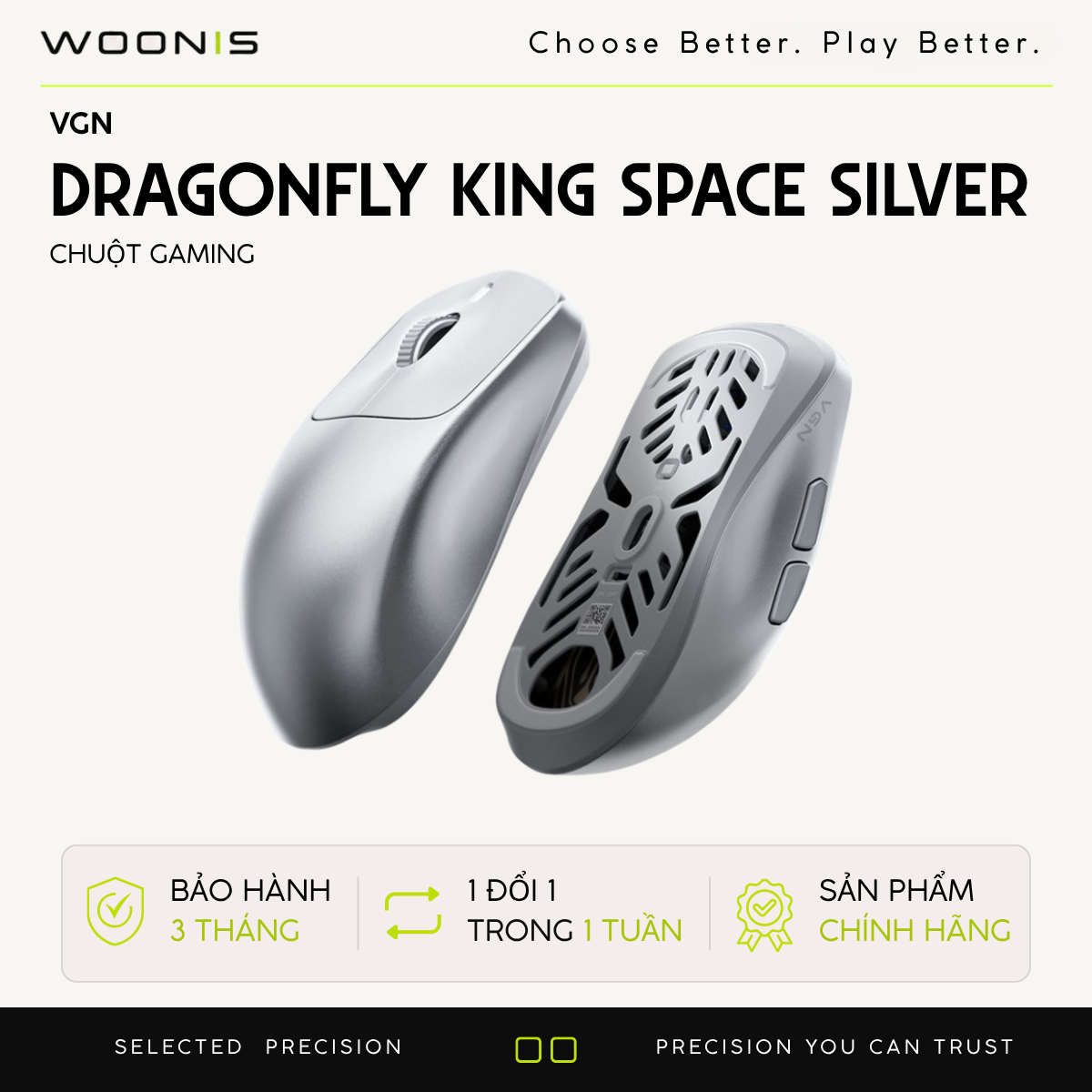 Chuột Gaming Không Dây VGN Dragonfly King Space Silver Hợp kim Magie Siêu nhẹ 54g, Cảm biến PAW3950, Chip Star Flash, Pin 500mAh