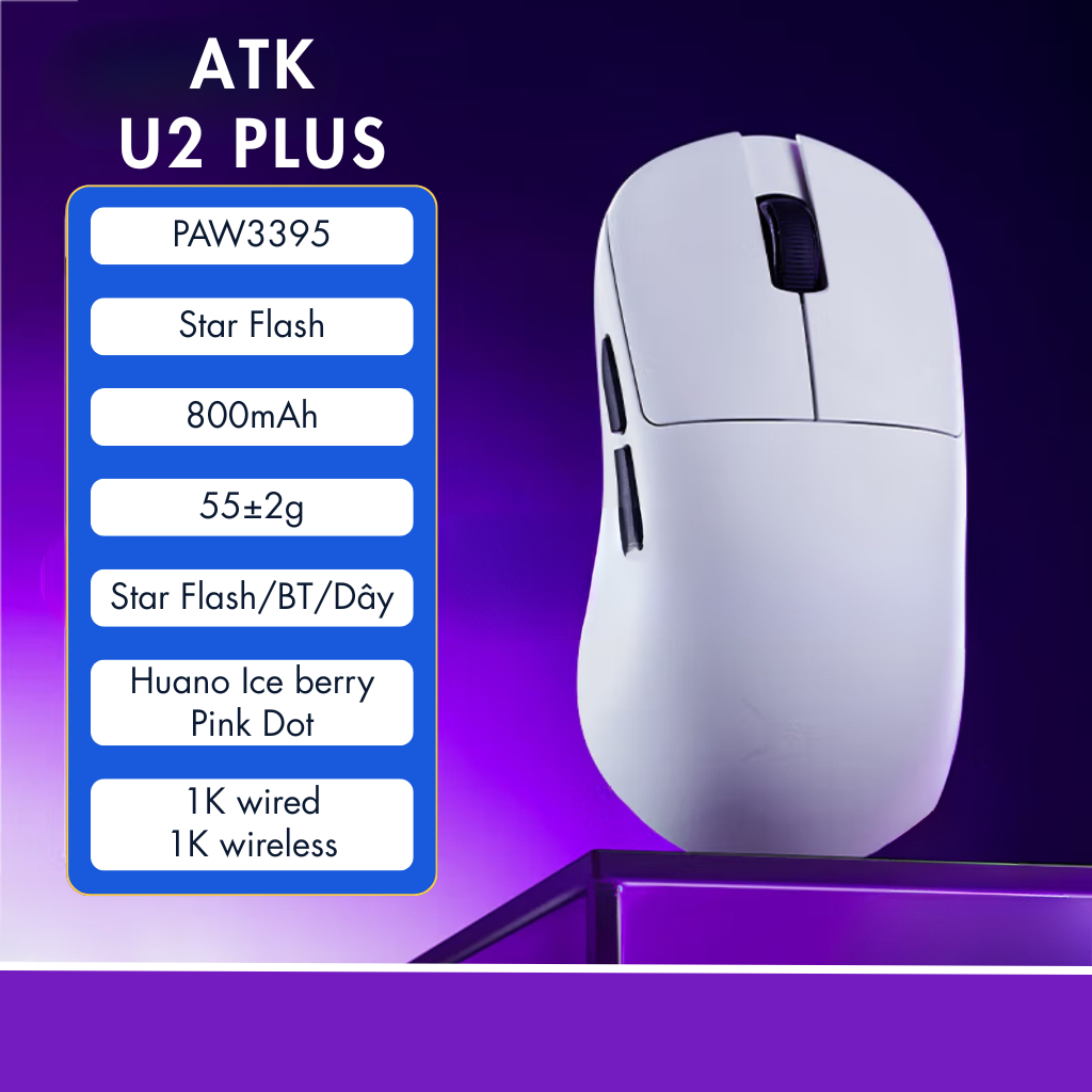 Chuột Gaming ATK U2 – Chuột Không Dây Nhẹ 44g, Cảm Biến PAW3950 Ultra, Polling Rate 8000Hz - Hiệu Suất Đỉnh Cao Cho Game Thủ