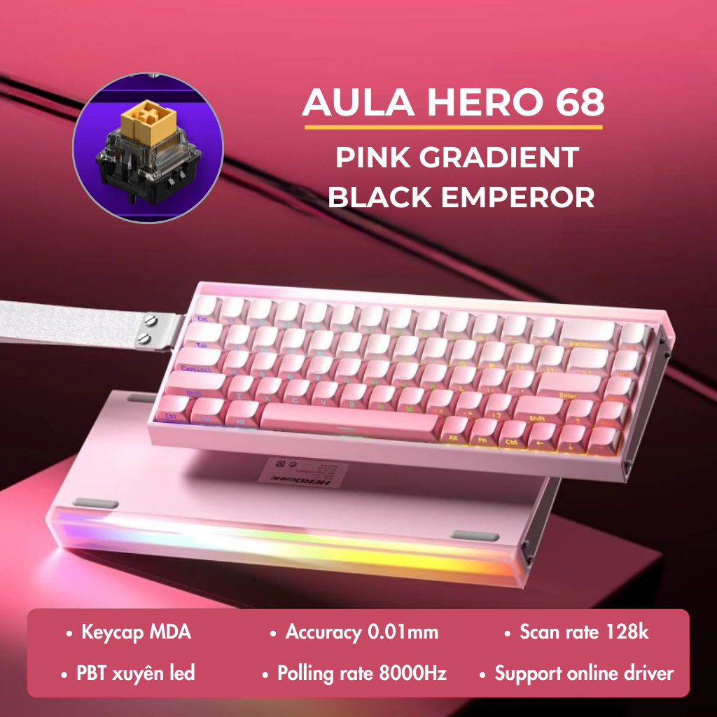 Aula Hero 68 | Bàn Phím Gaming HE Polling rate 8K Hz, Scan rate 128K, Độ Trễ 0.1ms, Hộp Đèn Neon RGB