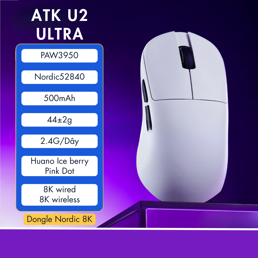 Chuột Gaming ATK U2 – Chuột Không Dây Nhẹ 44g, Cảm Biến PAW3950 Ultra, Polling Rate 8000Hz - Hiệu Suất Đỉnh Cao Cho Game Thủ