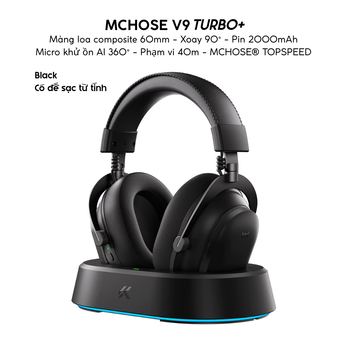 Tai Nghe Gaming Không Dây MCHOSE V9 Turbo – Đế Sạc Từ Tính,&nbsp; 7.1 Surround, Pin Trâu 250H, Mic AI Chống Ồn