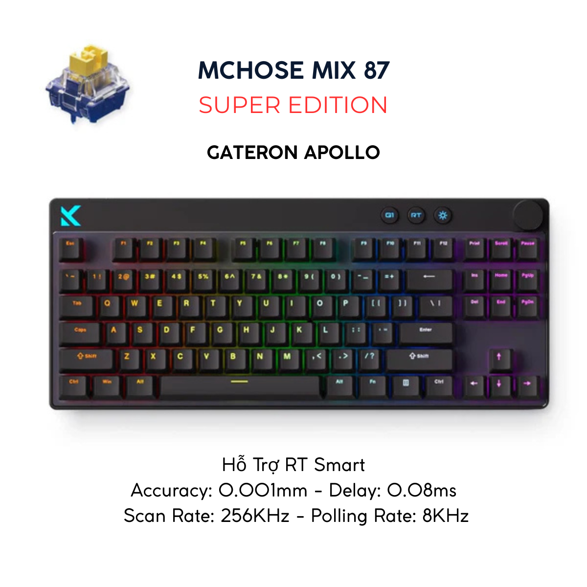 Mchose Mix 87 | Bàn Phím Phím Từ Tính Chuyên Game 8K Hz, Độ Trễ 0.08ms, Scan Rate 256K, Accuracy 0.001mm, RGB 16.8 Triệu Màu